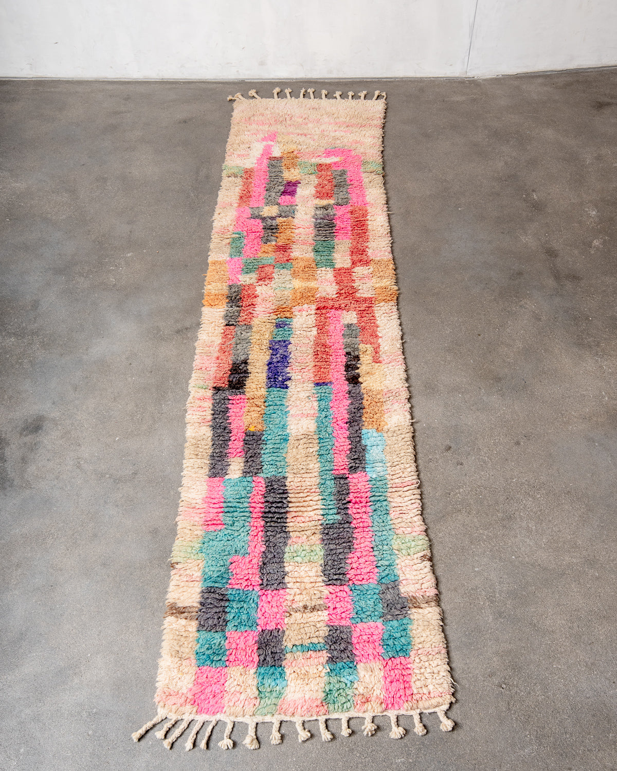 Modern, designer, handcrafted Berber runner rug from Morocco. Vintage carpet with beautiful colours and patterns and fluffy texture.